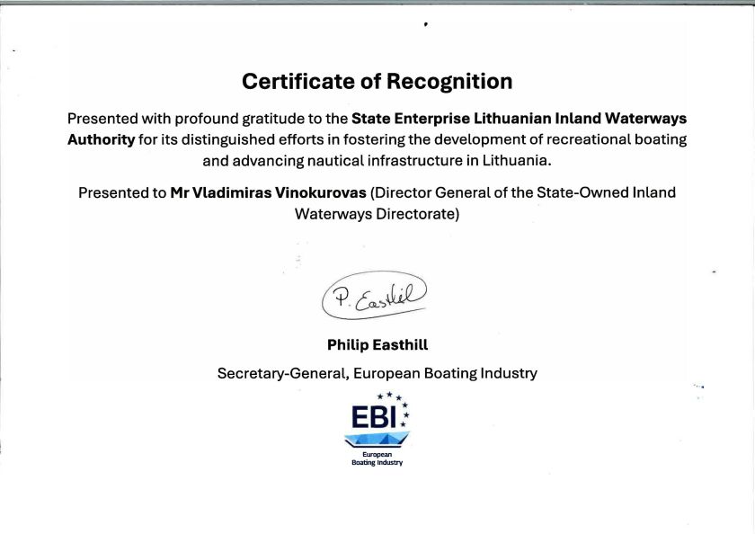 Lietuvos vidaus vandens kelių direkcija apdovanota „European Boating Industry“ renginyje